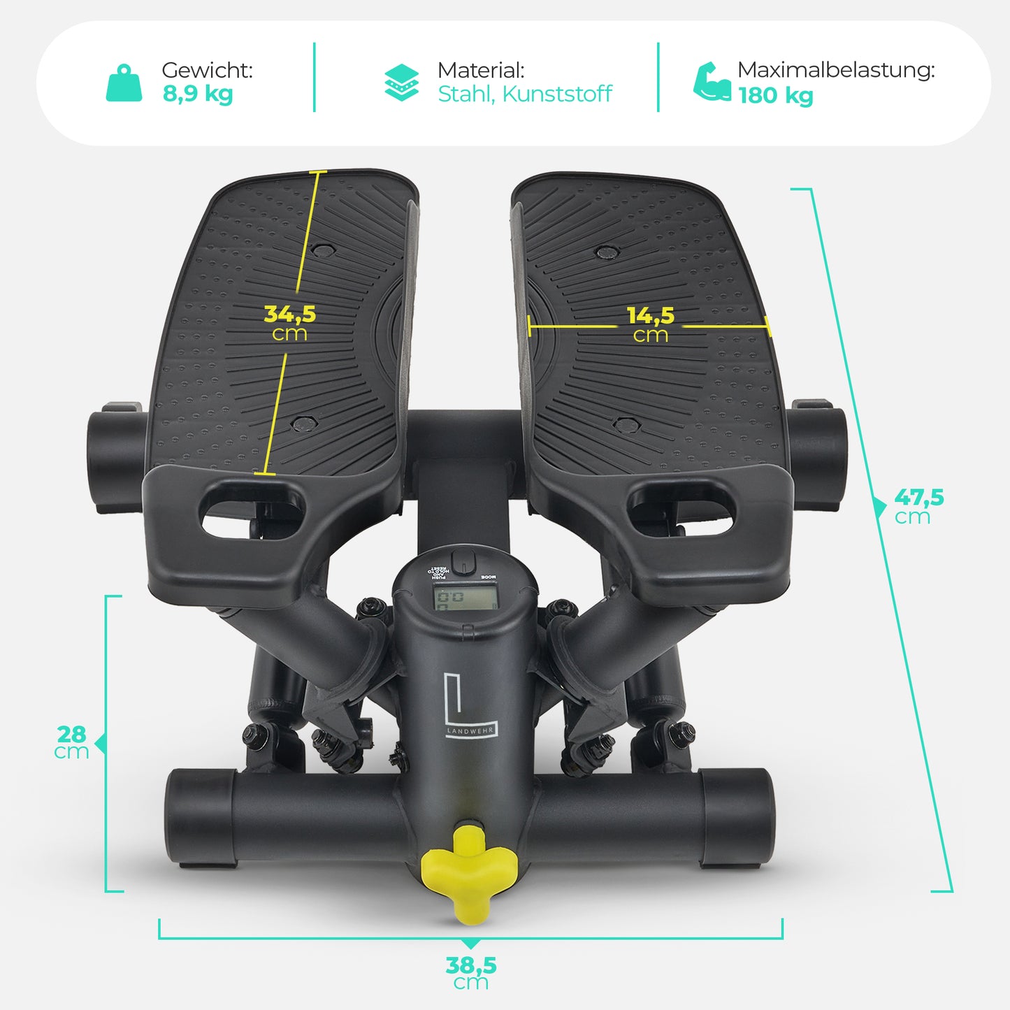 8,9 Kg, 180 Kg Maximalbelastung, Stahl und Kunststoff verarbeitet
LANDWEHR Stepper